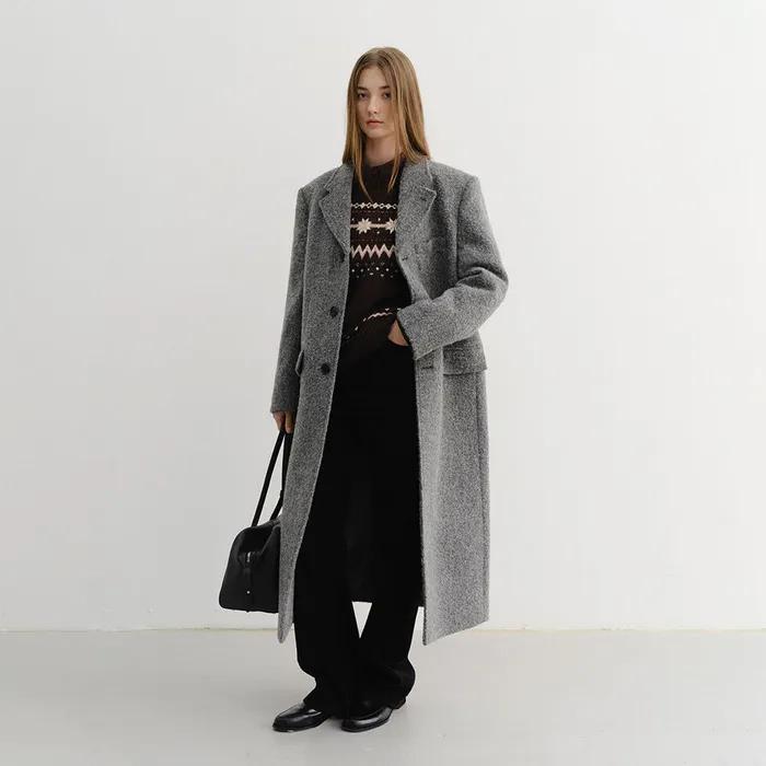 UNISEX 2-WAY 3 BUTTON BOUCLE WOOL COAT MELANGE GREY_UDCO5D122G2