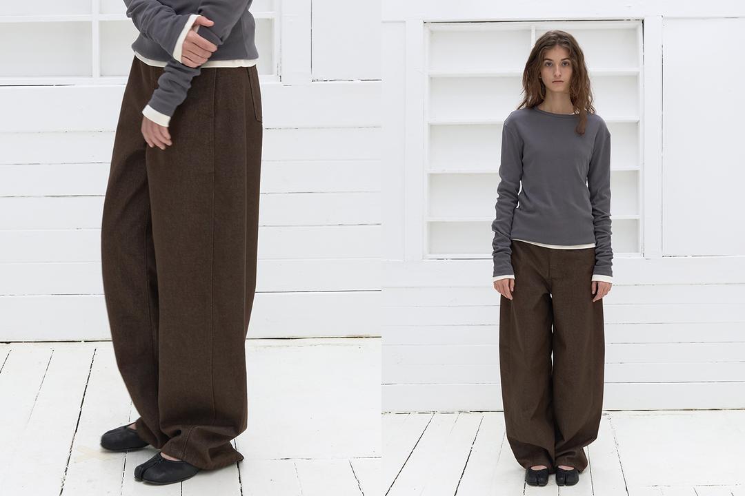 Curved denim pants (brown)
