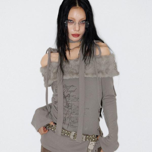 12/26 예약배송 [2nd] Fur Off Shoulder Lace Up Top (BEIGE)