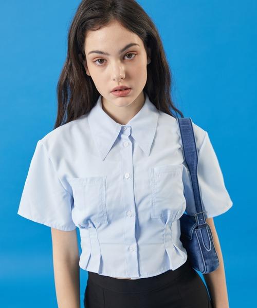 WOMEN 크롭 슬림 반팔 셔츠 [SKY_BLUE] 크롭티 반팔티