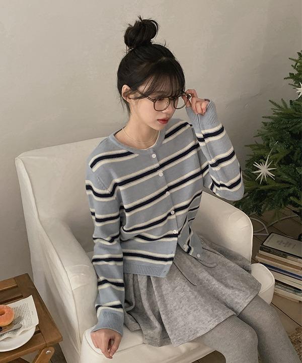 쇼퍼랜드 블루늬 보송 스트라이프 니트 가디건 (2color)