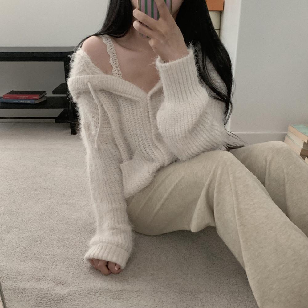 여성 오버핏 부들 니트 후드 가디건