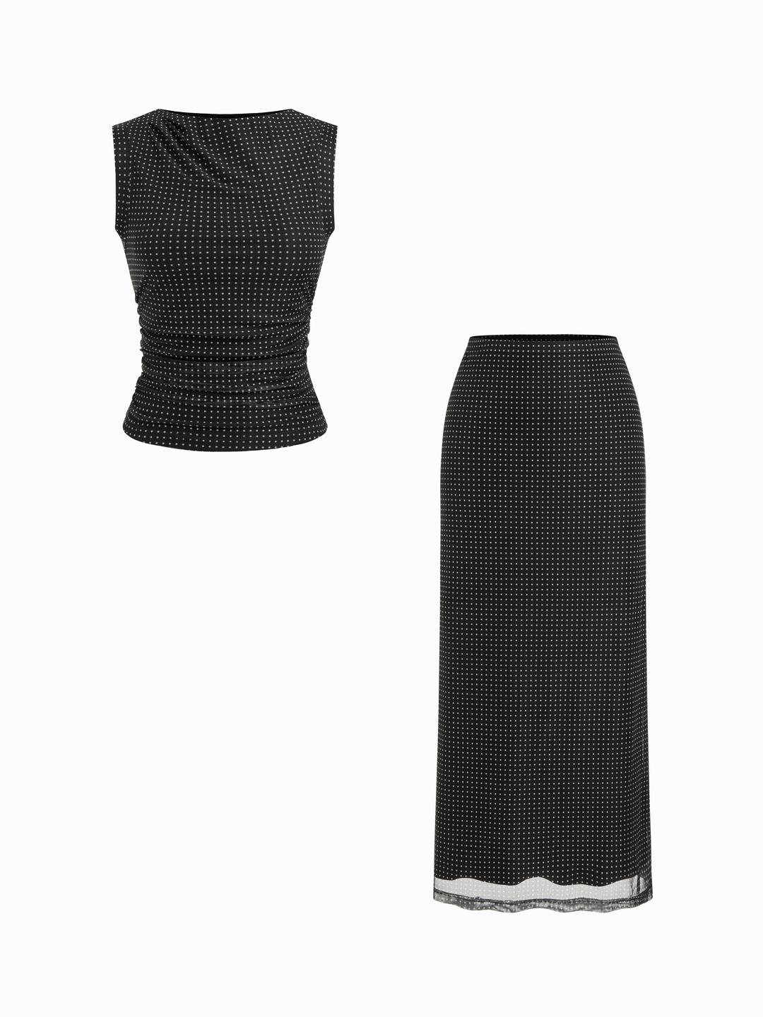 Mesh Polka Dot Ruched Top & Mid Rise Mermaid Maxi Skirt Set