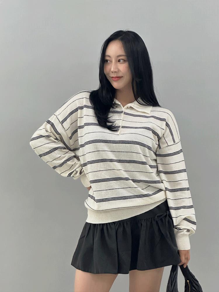 1409 오버핏 토이 카라 스트라이프 니트티[3color/44-88]