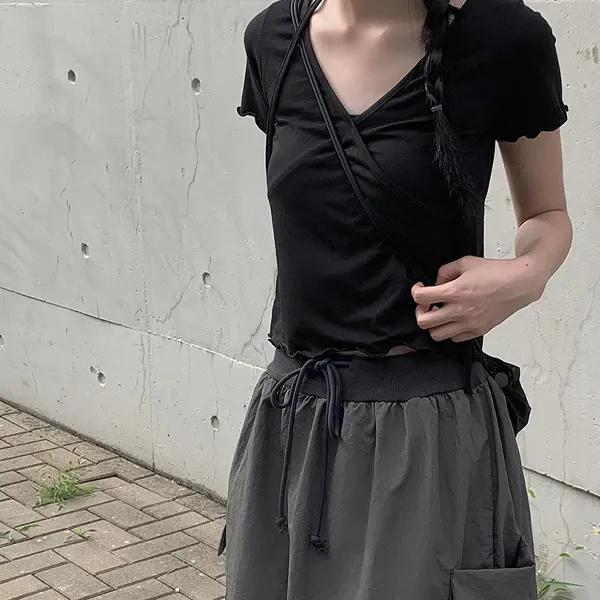 네타 초커 프릴 반팔 티셔츠 (2color)