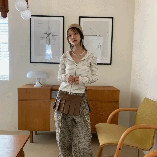 [unisex] 프린지 레오파드 포켓 와이드 팬츠