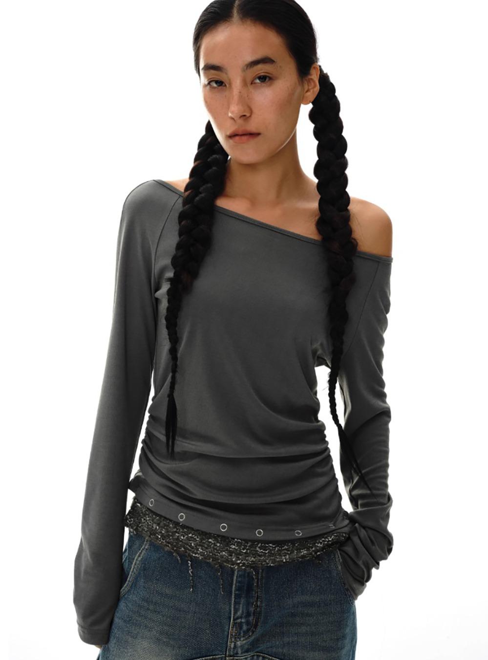 One-Shoulder Pleated Slim Knit Top