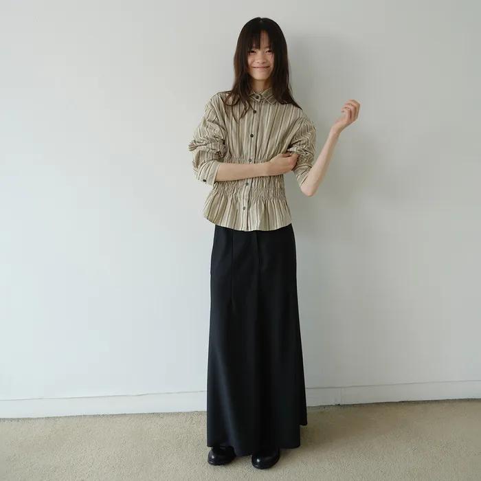 STRIPE SHIRRING SHIRT, BEIGE