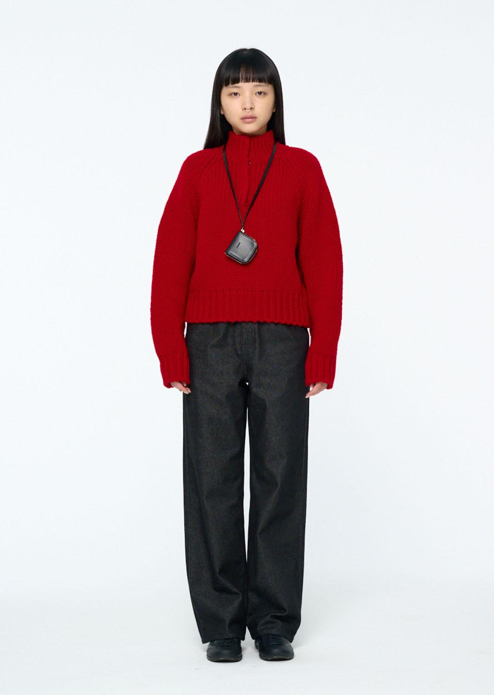 hand knitted half neck pullover, red