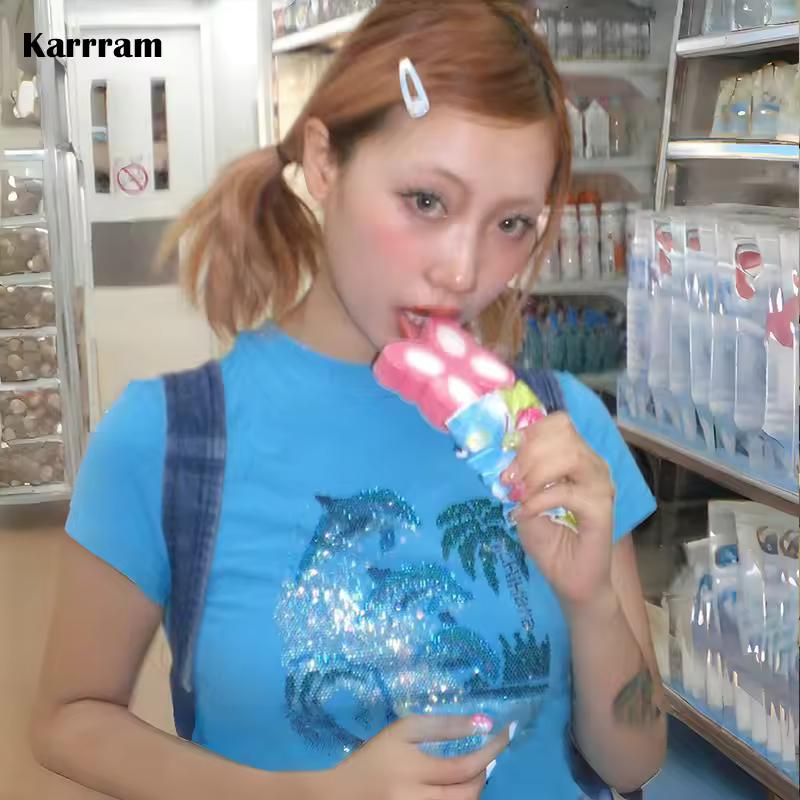 Karrram 일본 Y2k 라인 석 티셔츠 빈티지 하라주쿠 다이아몬드 프린트 T 셔츠 Trashy 2000s 미학 블루 티셔츠 그런지