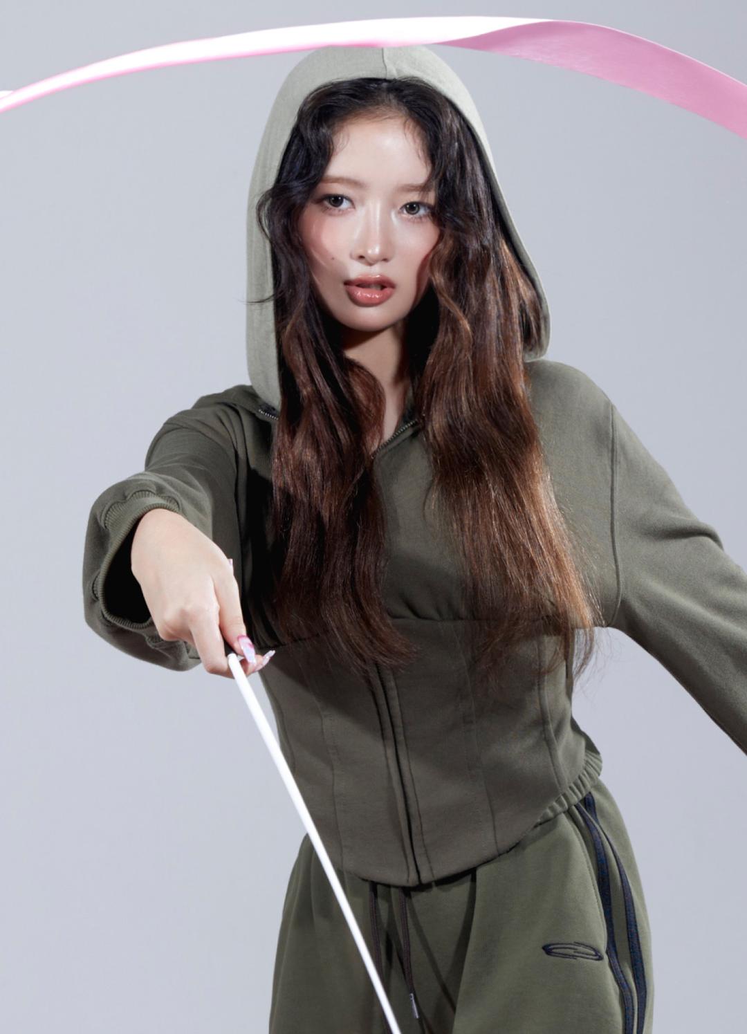 W Corset Hood Zip-up - Khaki