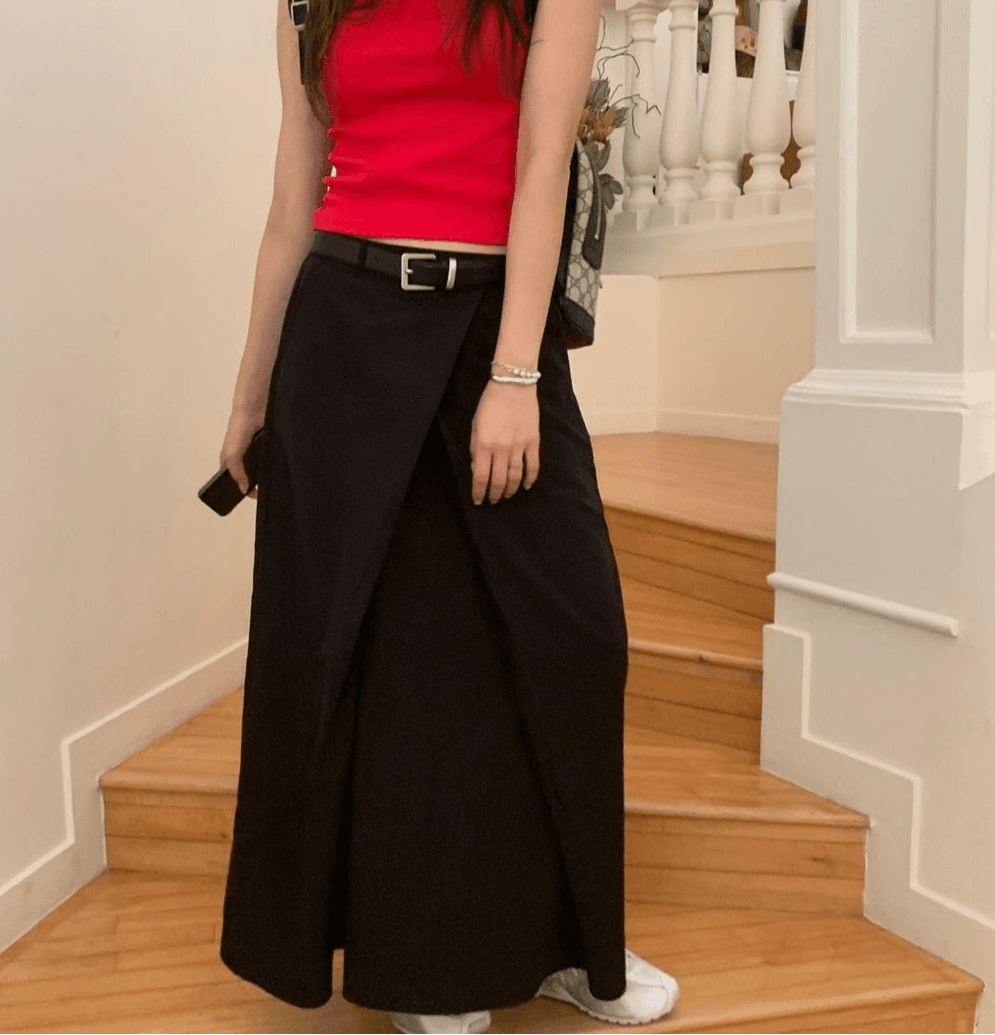 우누 [당일발송] 나일론 랩 롱 스커트 (2 color) 뒷밴딩 맥시 포켓 벨트 핀턱 레이어드 A라인 에이라인 봄 여름 가을 화이트 방수