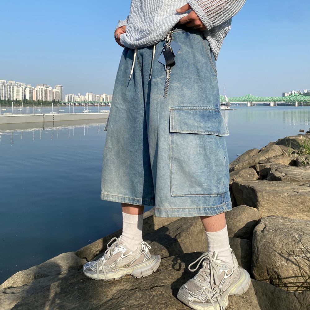 바스켓 벌룬 버뮤다 데님팬츠 (연청)