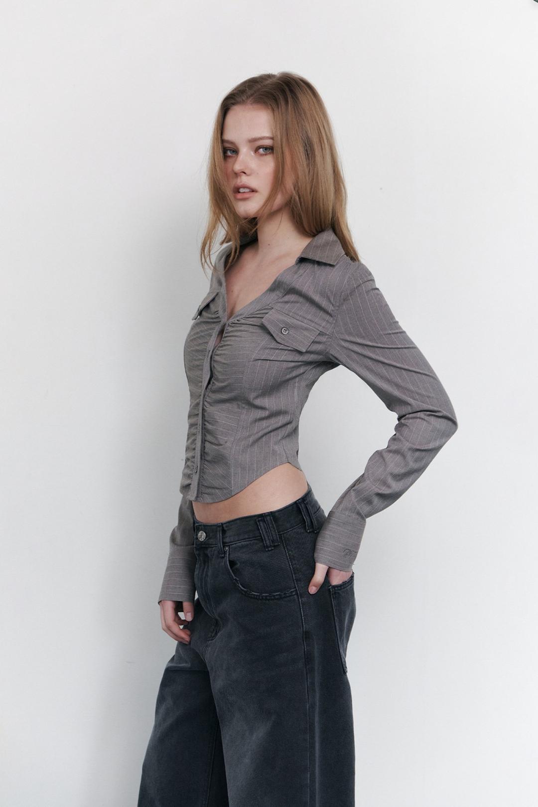 Kayla Shirring Shirt Top (Mocha)