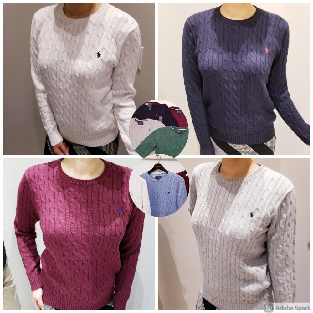 폴로 랄프로렌 보이즈 (성인 착용) 꽈배기 니트 라운드넥 스웨터 - 넥 스트라이프