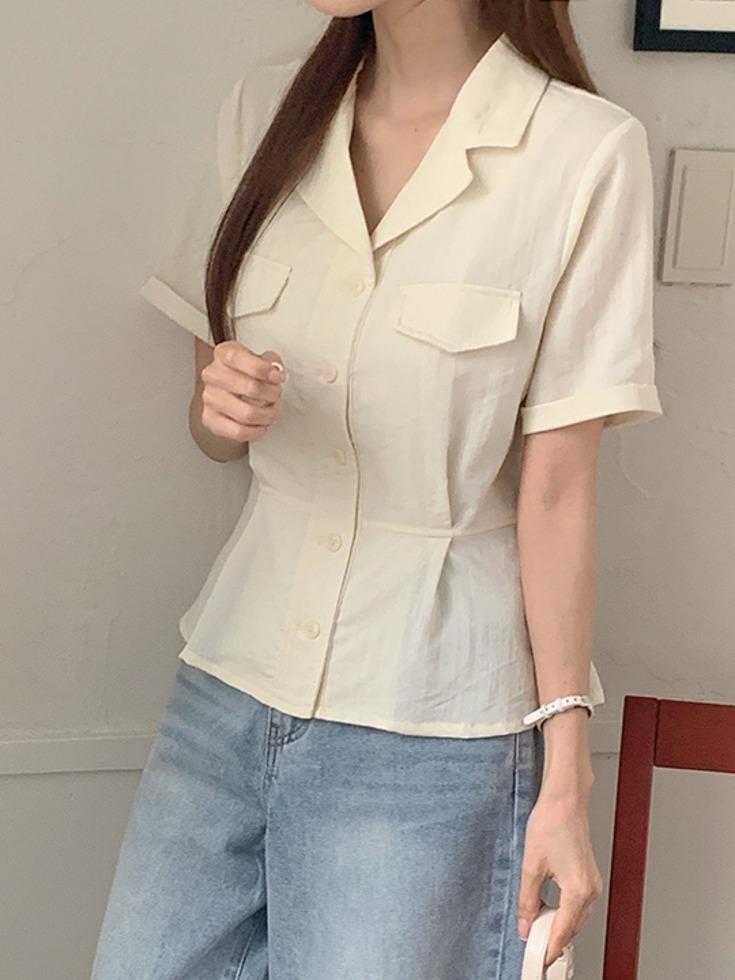 [1천장 돌파✨][무료배송][허리슬림핏/체형커버] [44-120] 블케디브 카라 플랩 롤업 페플럼 블라우스( 여름/썸머/신상/데일리룩/트렌디룩/출근룩/빅사이즈/120사이즈/자체제작/카라/롤업/반팔블라우스)