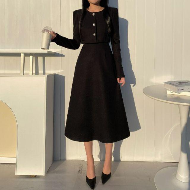 일벤 플레어 롱 원피스 ( 도톰 하객룩  패드 하객룩 결혼식 퍼프 겨울 )