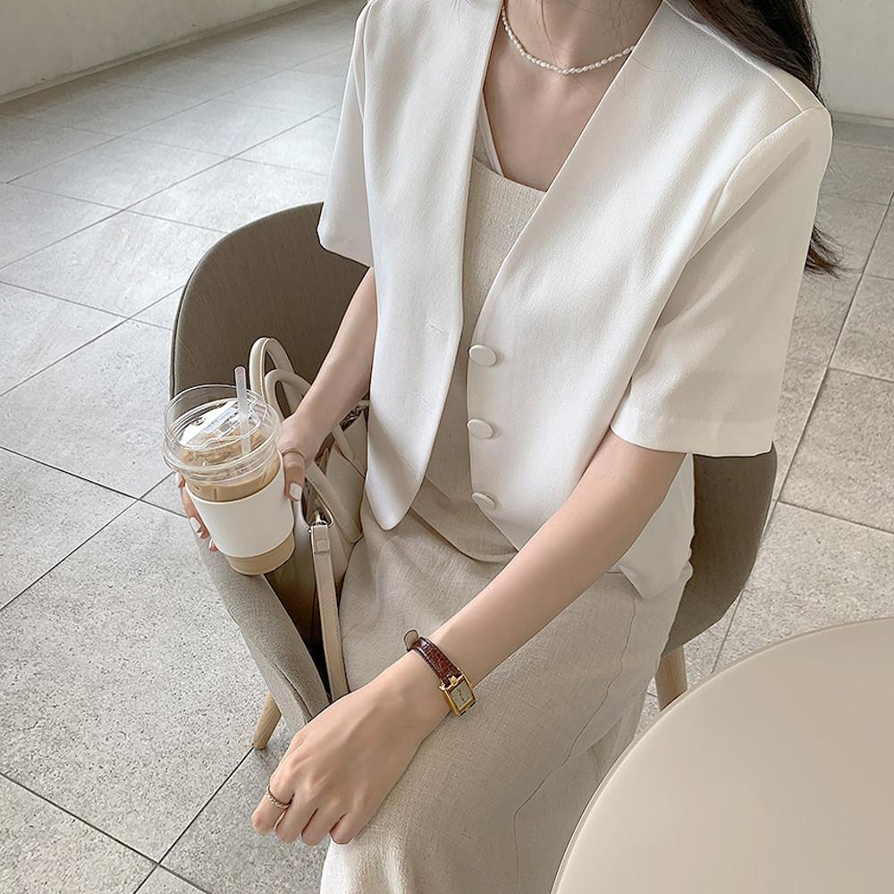 브이넥 노카라 여름 숏 크롭 반팔 세미 정장 오피스룩 하객룩 자켓 화이트 블랙 베이지