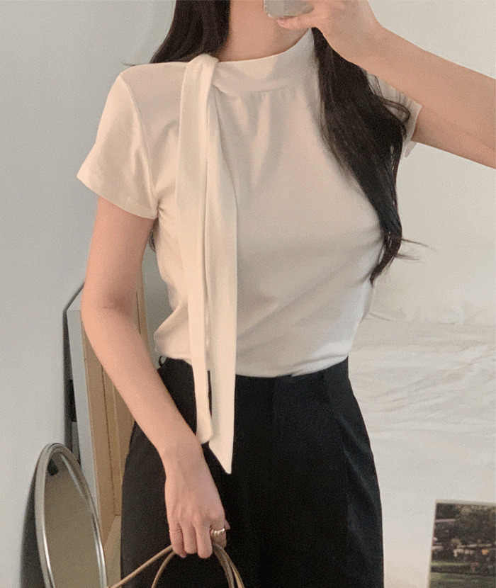 포에이엠 [500장돌파✨모달/쫀쫀]헤이 타이 스카프 반목 하프넥 반팔 티셔츠