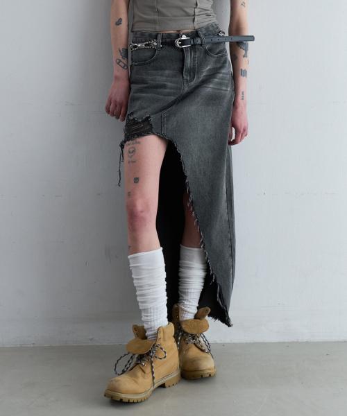 UNBALANCE DAMAGE DENIM SKIRT [GRAY]