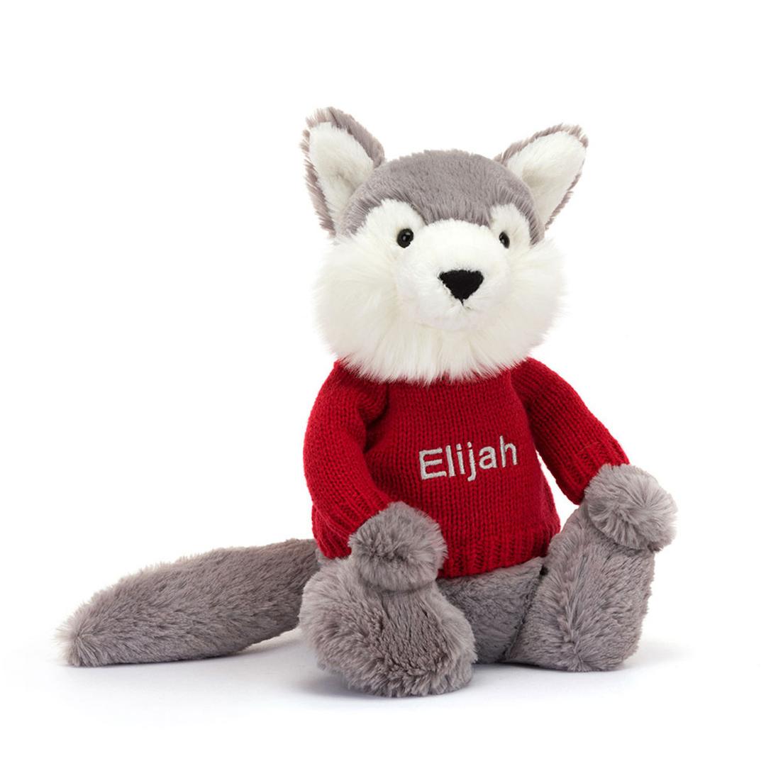Bashful Wolf with Personalised Red Jumper