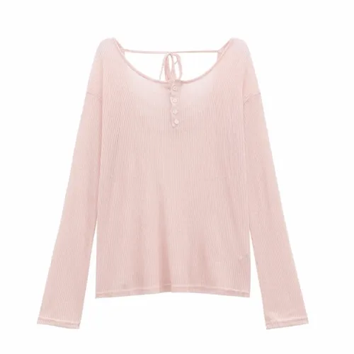 [청순핏/뒷태] 핑크 루즈 시스루 그물 긴팔 니트