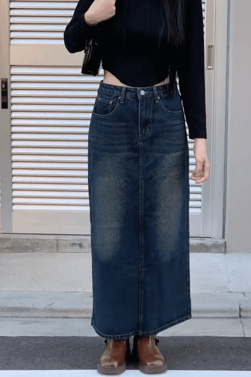 이즈민 [주문폭주] 빈티지 데님 뒷트임 롱스커트