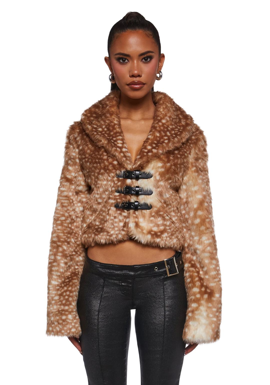 Fawn Over Me Faux Fur Jacket - BROWN / X-small