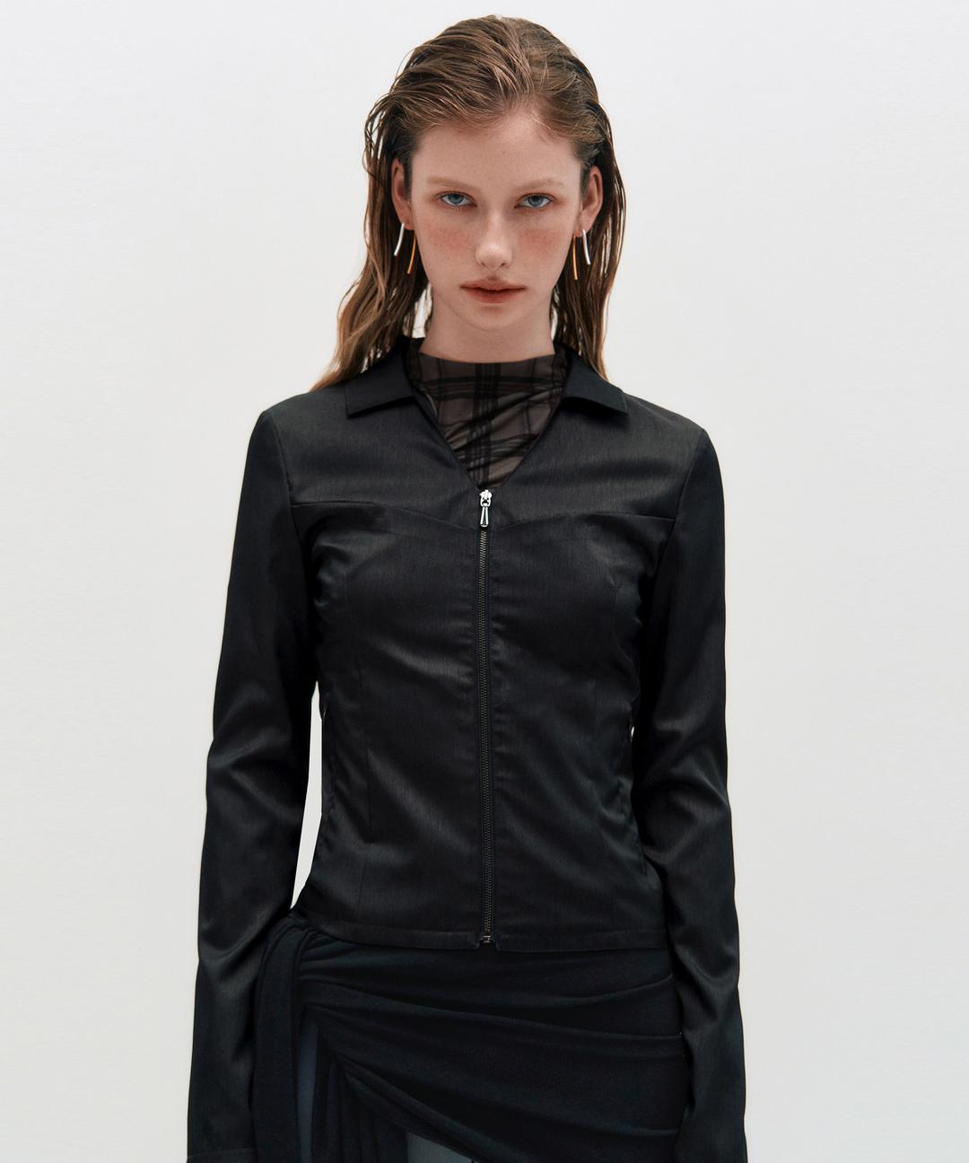 V-Neck Sleek Zip-Up _ BLACK