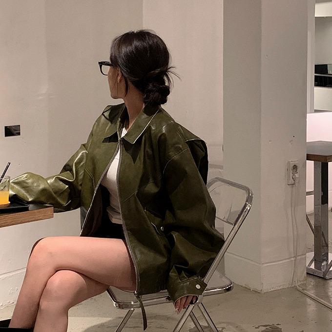 우딘 오버핏 레더 블루종 자켓