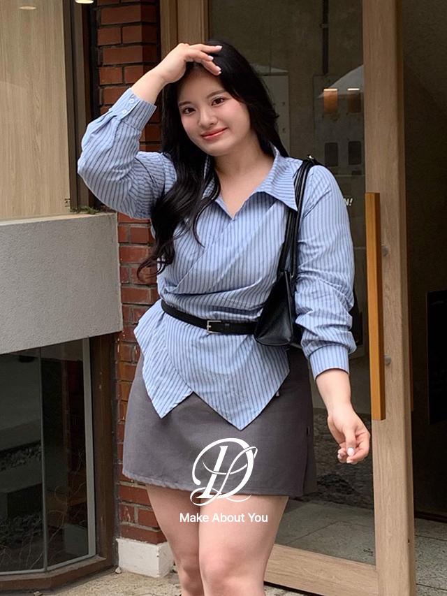 당당걸 🔴라이브/물결 PICK [MADE] 빅사이즈 44-110 리테닝 [솔리드,스트라이프] 허리 잘록 언발 더블 버튼 핀턱 스트랩 카라 랩 긴팔 셔츠 남방 하객룩