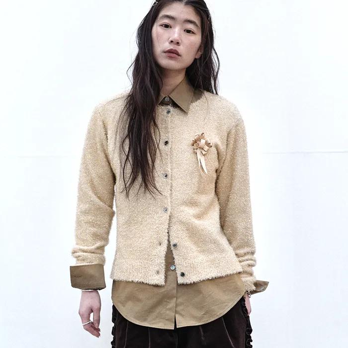 TINSEL KNIT BUTTON CARDIGAN - GOLD