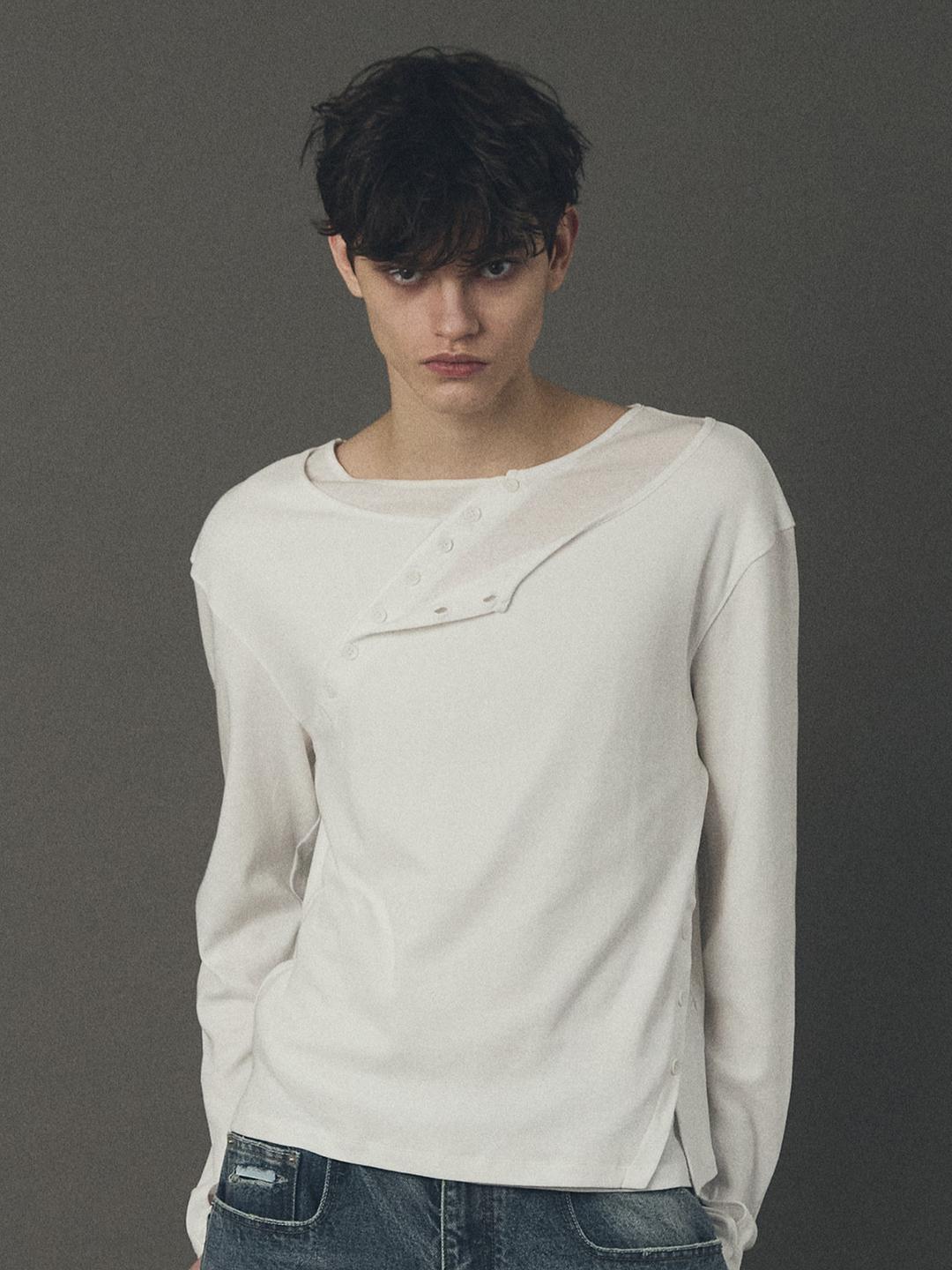 Diagonal Slit Layered Henryneck T-shirt_White