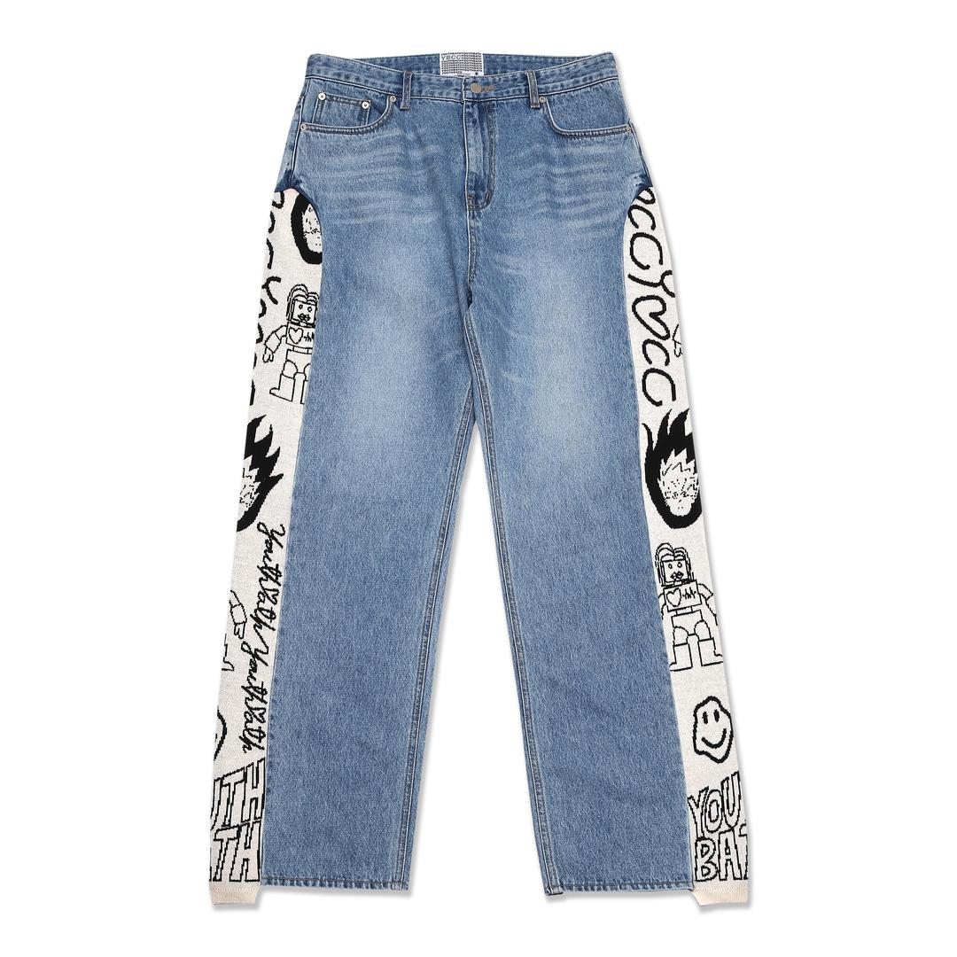 KNIT TRIMMING WASHING DENIM_LIGHT BLUE