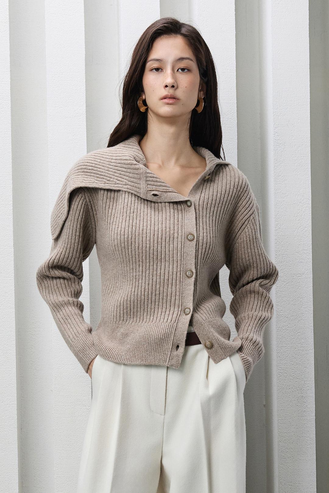 언밸런스 카라 울 가디건 - 베이지