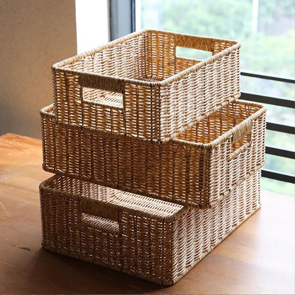 내츄럴 볼튼 사각 손잡이 라탄바구니 수납바스켓 피크닉 정리함
