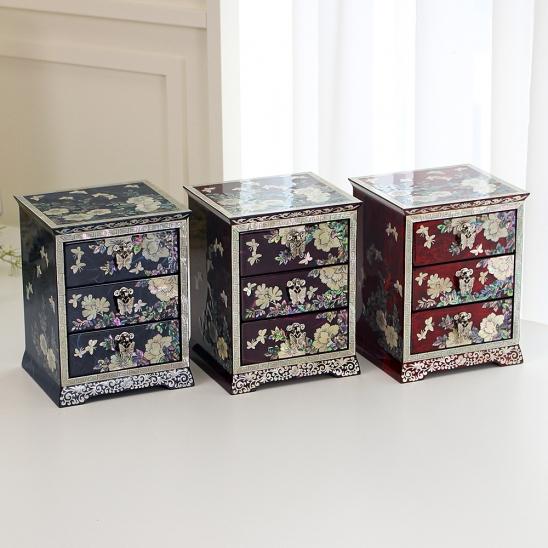 한지 나전칠기 3단 목단꽃 서랍 자개보석함 자개함 악세사리보관함