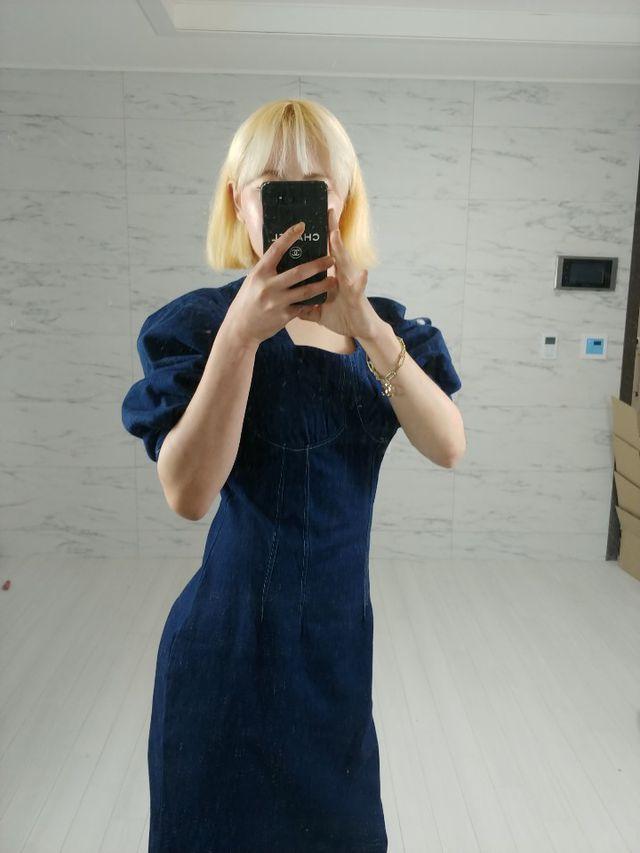 청 퍼프 원피스 청원피스 스퀘어넥원피스 스티치원피스 완꾸