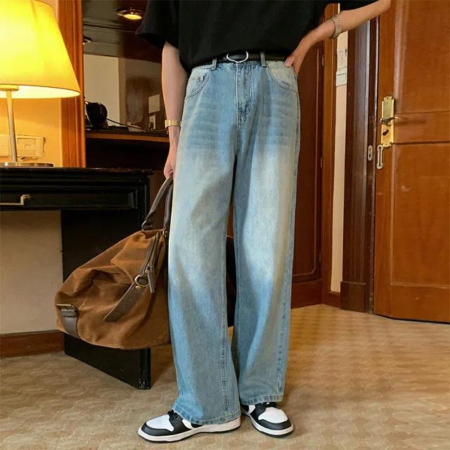 와이드 일자핏 워싱 데님팬츠