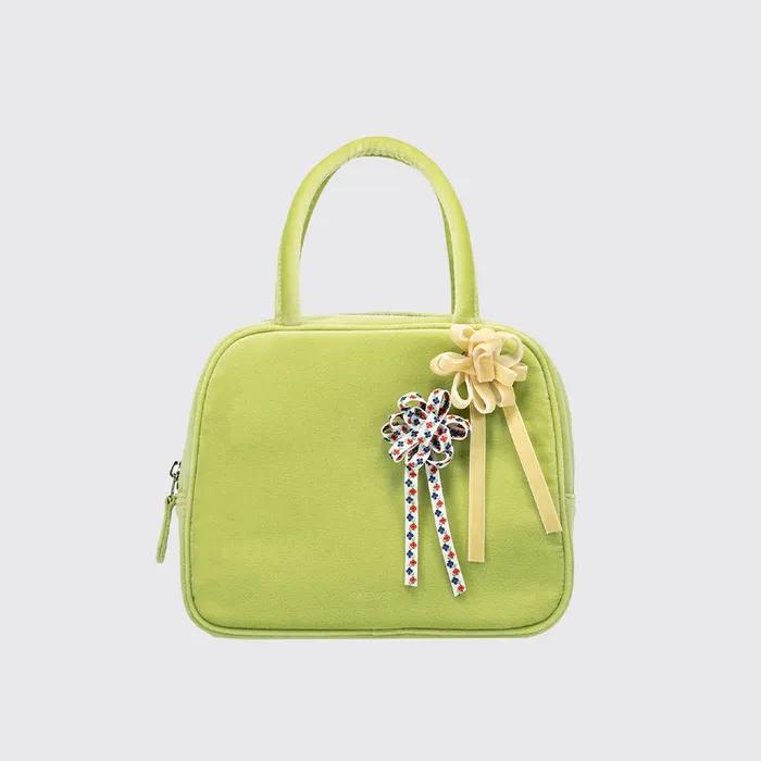 COTTON VELVET BROOCH HAND BAG - OLIVE