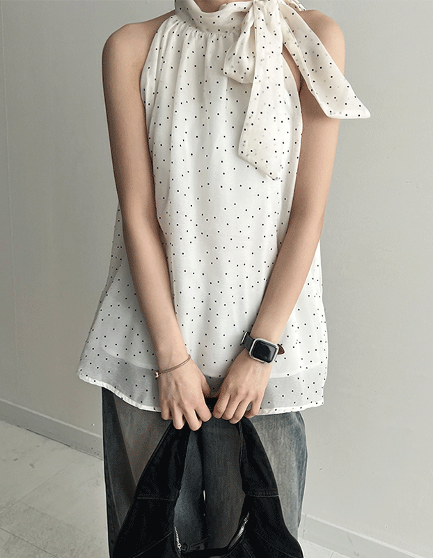모어체리 도트 홀터 타이 스카프 블라우스 .A6475