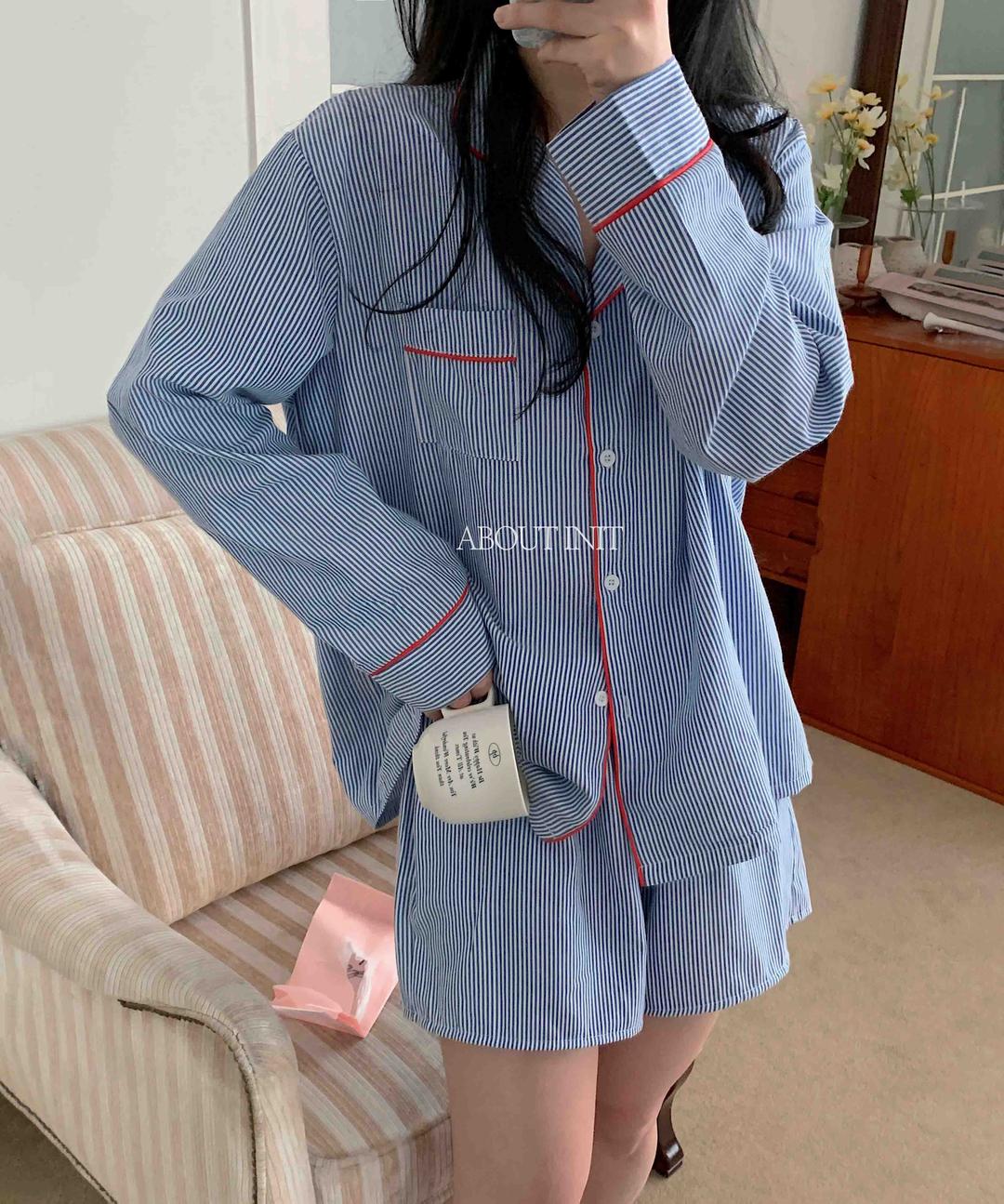 [커플 베스트]여름긴팔잠옷 스트라이프잠옷 우정여행 여자자취선물 시어서커 지지미잠옷