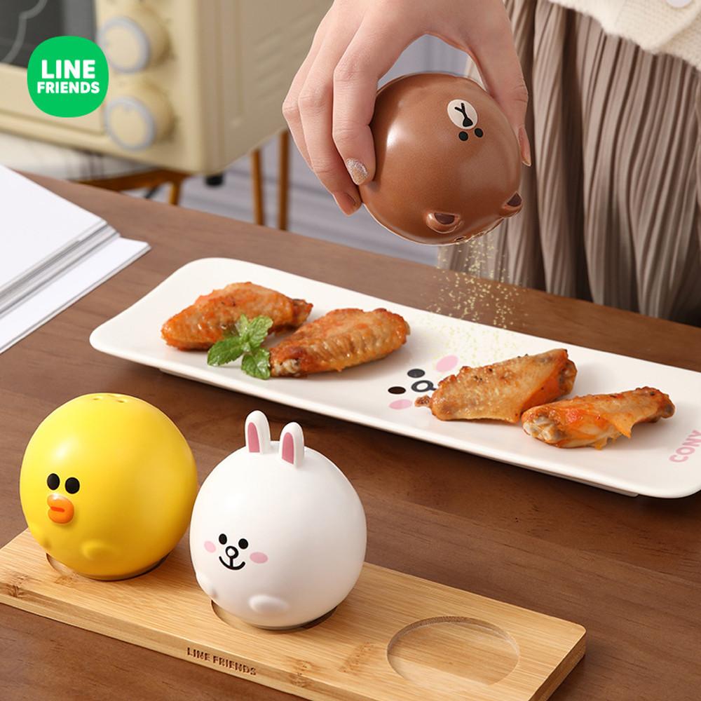 라인프렌즈 양념통 세라믹 도자기 조미료통 원목받침대