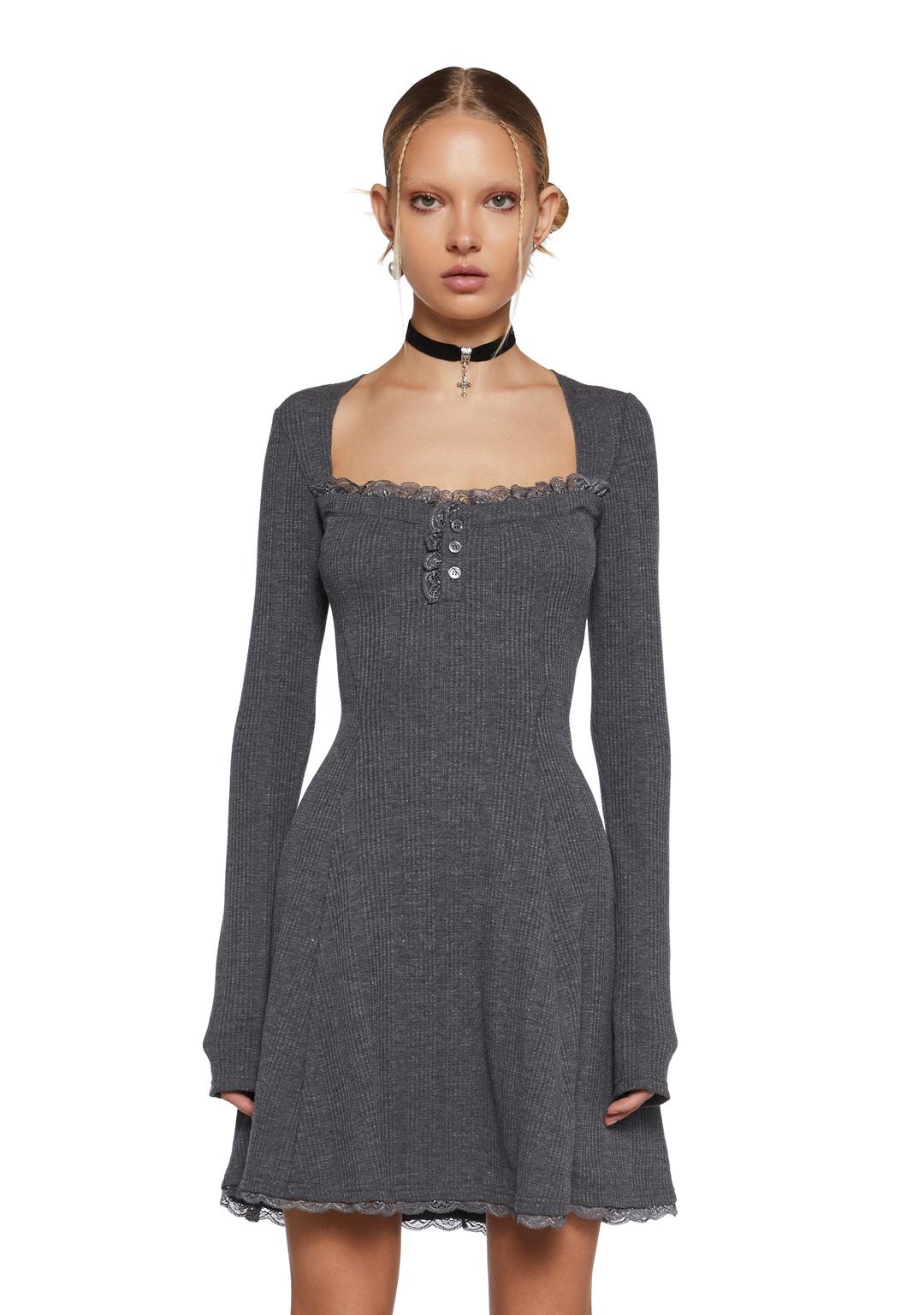 Mid Century Date Thermal Dress  - Gray - GRAY / XX-Small