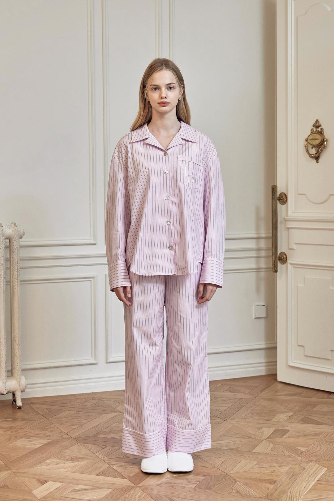 코튼 스트라이프 셔츠 파자마세트(PINK)