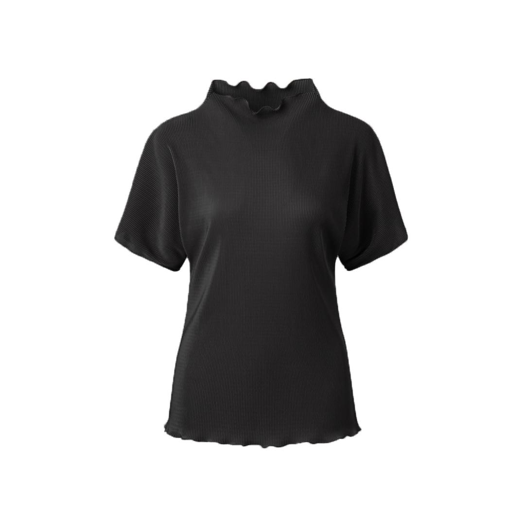 [여자] 시어링 반넥 반소매 플리츠 티셔츠 [블랙]