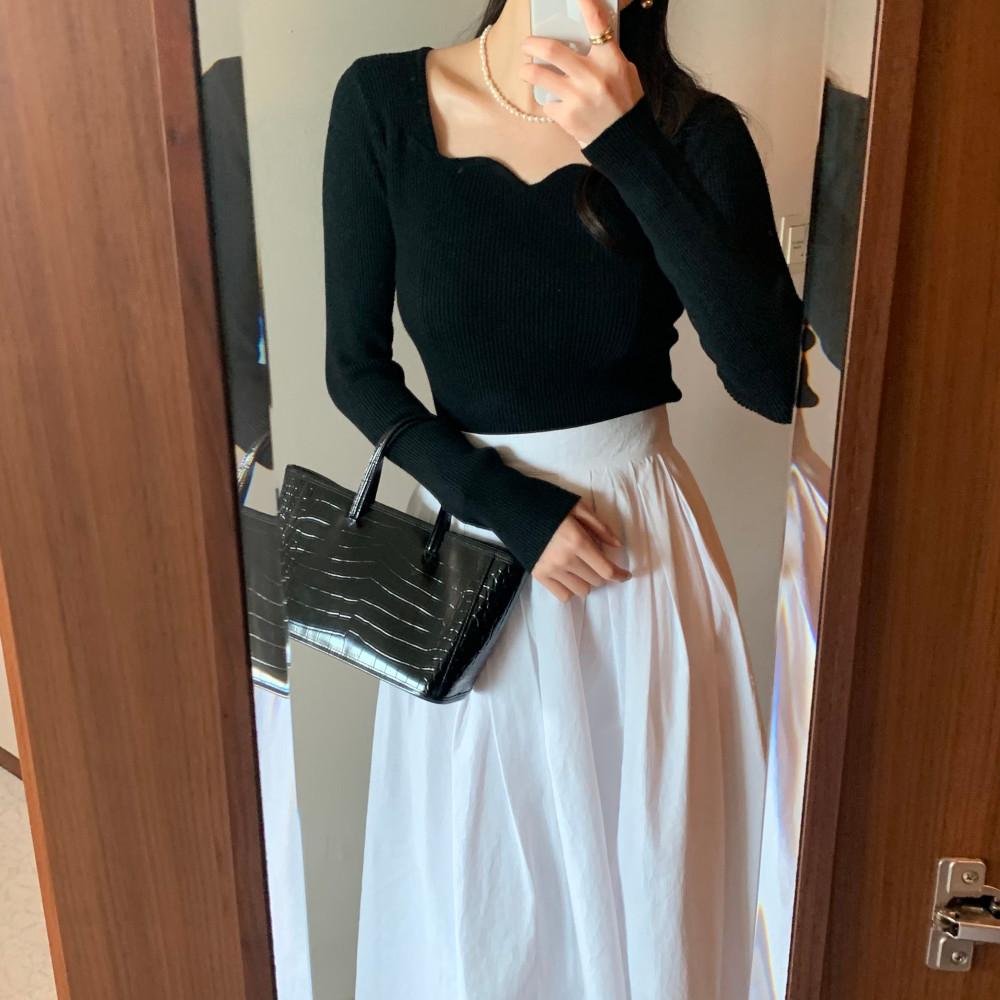 로맨티코 물결 하트넥 골지 여성 긴팔 레이어드 여리여리 슬림 니트 티셔츠