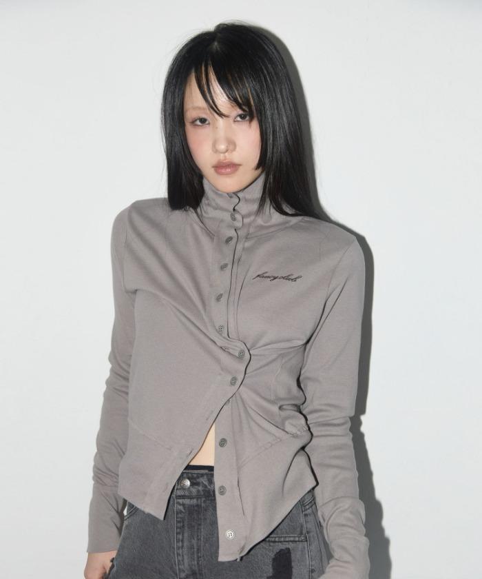 ROUGH HIGH-NECK CARDIGAN (GRAYISH BROWN)_F25QB075