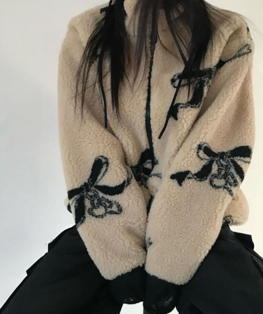 위아 리본 후리스 겨울 덤블 집업 뽀글이 플리스 점퍼