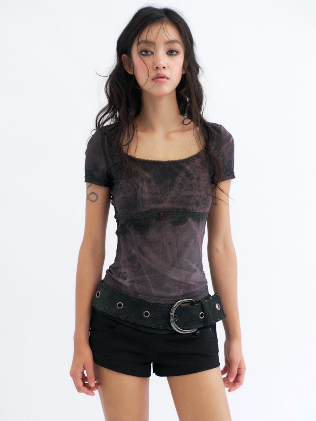 Flowers birds Market Simulation Mesh Lace Top - BLACK